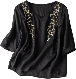 Mexican Blouses for Women Summer Embroidered Shirt Trendy Cotton Linen Short Sleeve Top Round Neck Shirt