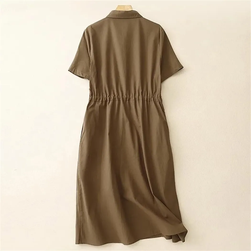 Office Lady Shirt Dresses Summer Drawstring Pockets Midi Dress Solid Vintage Daily Streetwear Dresses