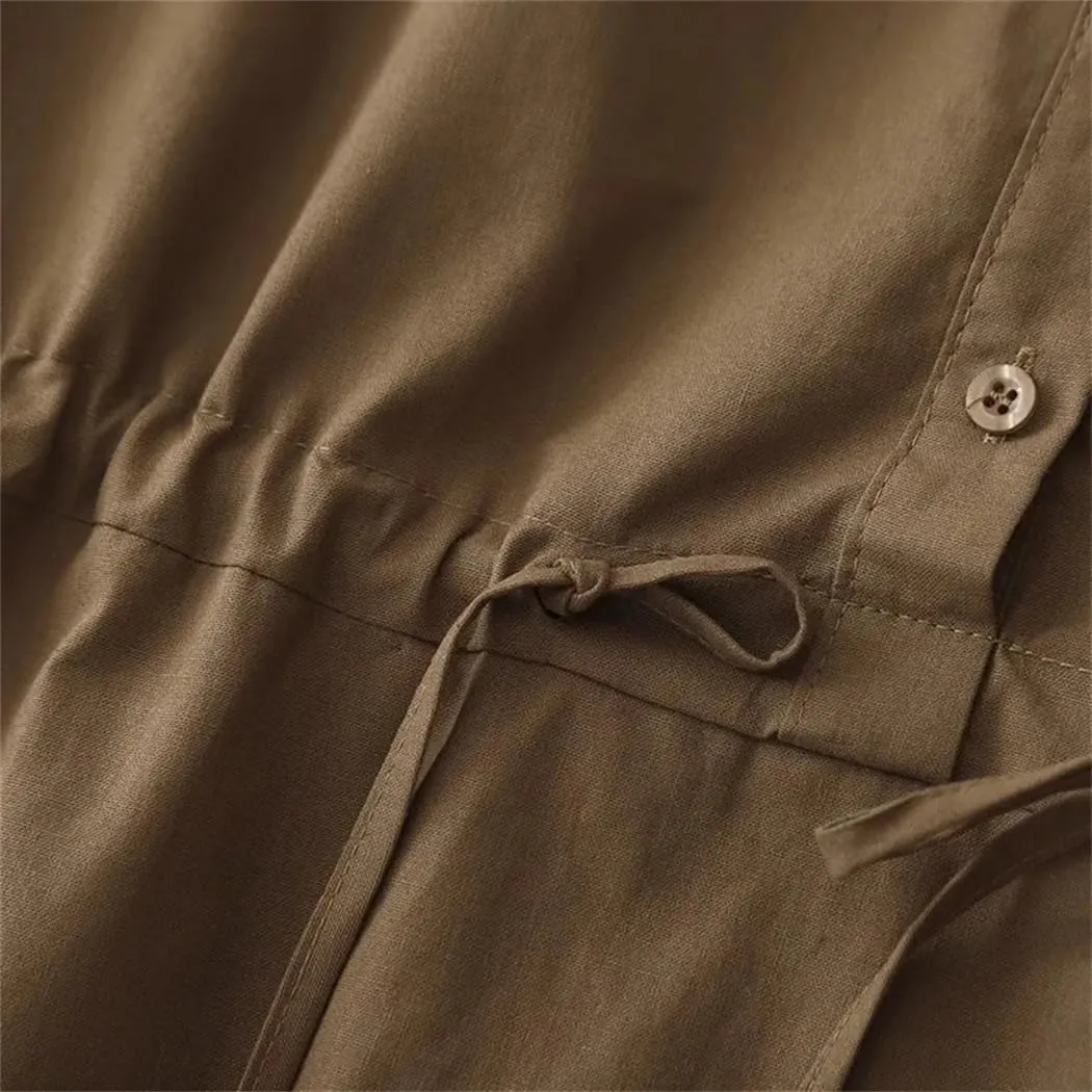Office Lady Shirt Dresses Summer Drawstring Pockets Midi Dress Solid Vintage Daily Streetwear Dresses