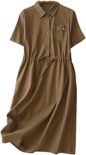 Office Lady Shirt Dresses Summer Drawstring Pockets Midi Dress Solid Vintage Daily Streetwear Dresses