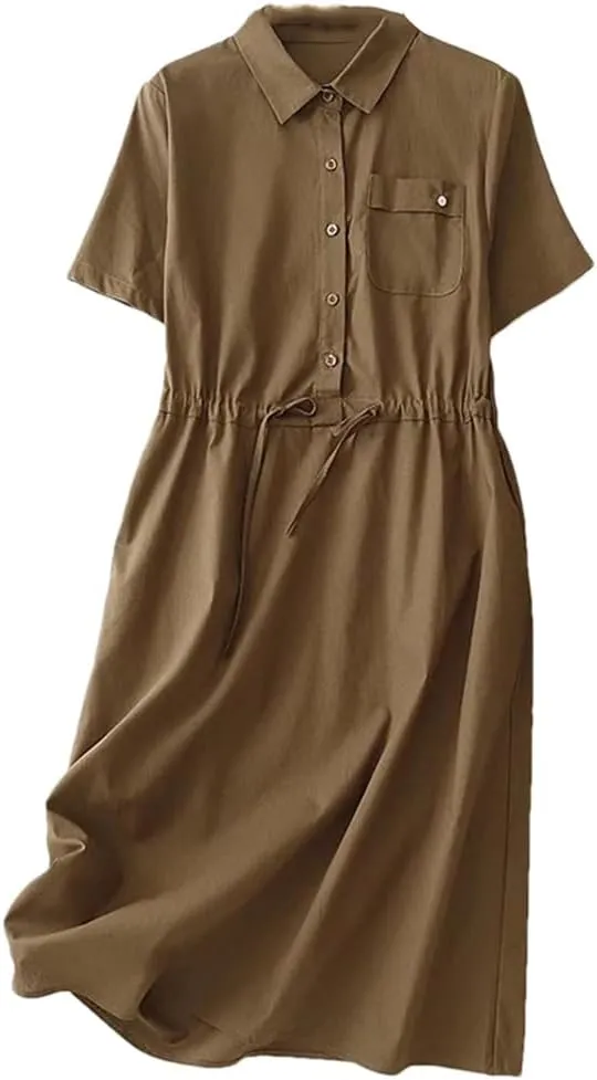 Office Lady Shirt Dresses Summer Drawstring Pockets Midi Dress Solid Vintage Daily Streetwear Dresses