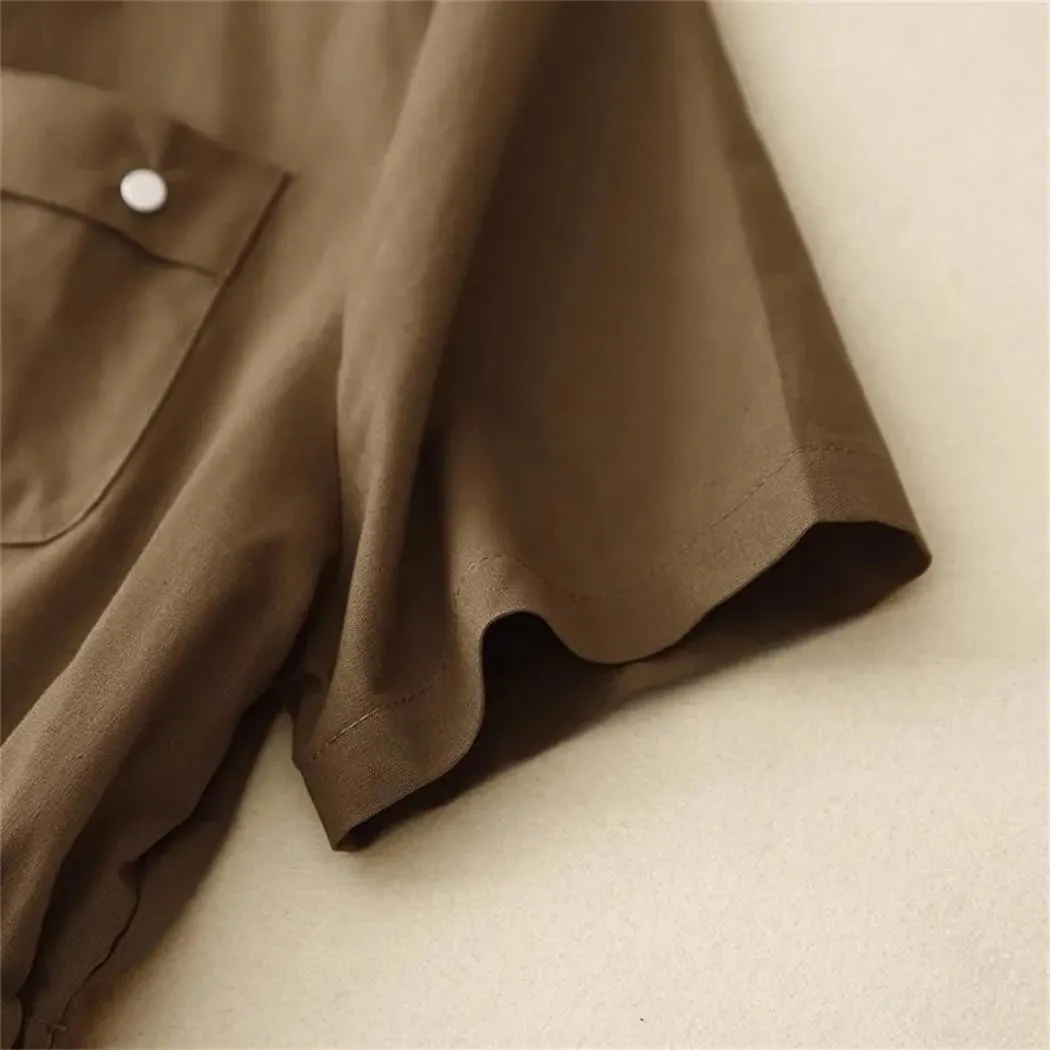 Office Lady Shirt Dresses Summer Drawstring Pockets Midi Dress Solid Vintage Daily Streetwear Dresses