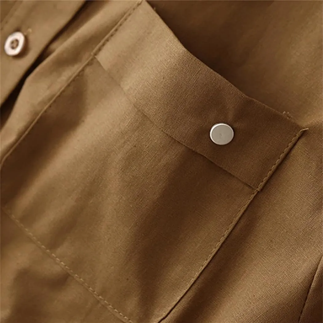 Office Lady Shirt Dresses Summer Drawstring Pockets Midi Dress Solid Vintage Daily Streetwear Dresses