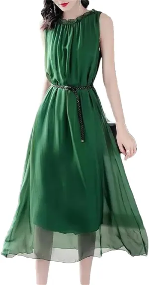 Office Lady Solid Color Chiffon Sundress Fashion Shirring Ruffles Patchwork Summer Sleeveless Sashes Midi Dress