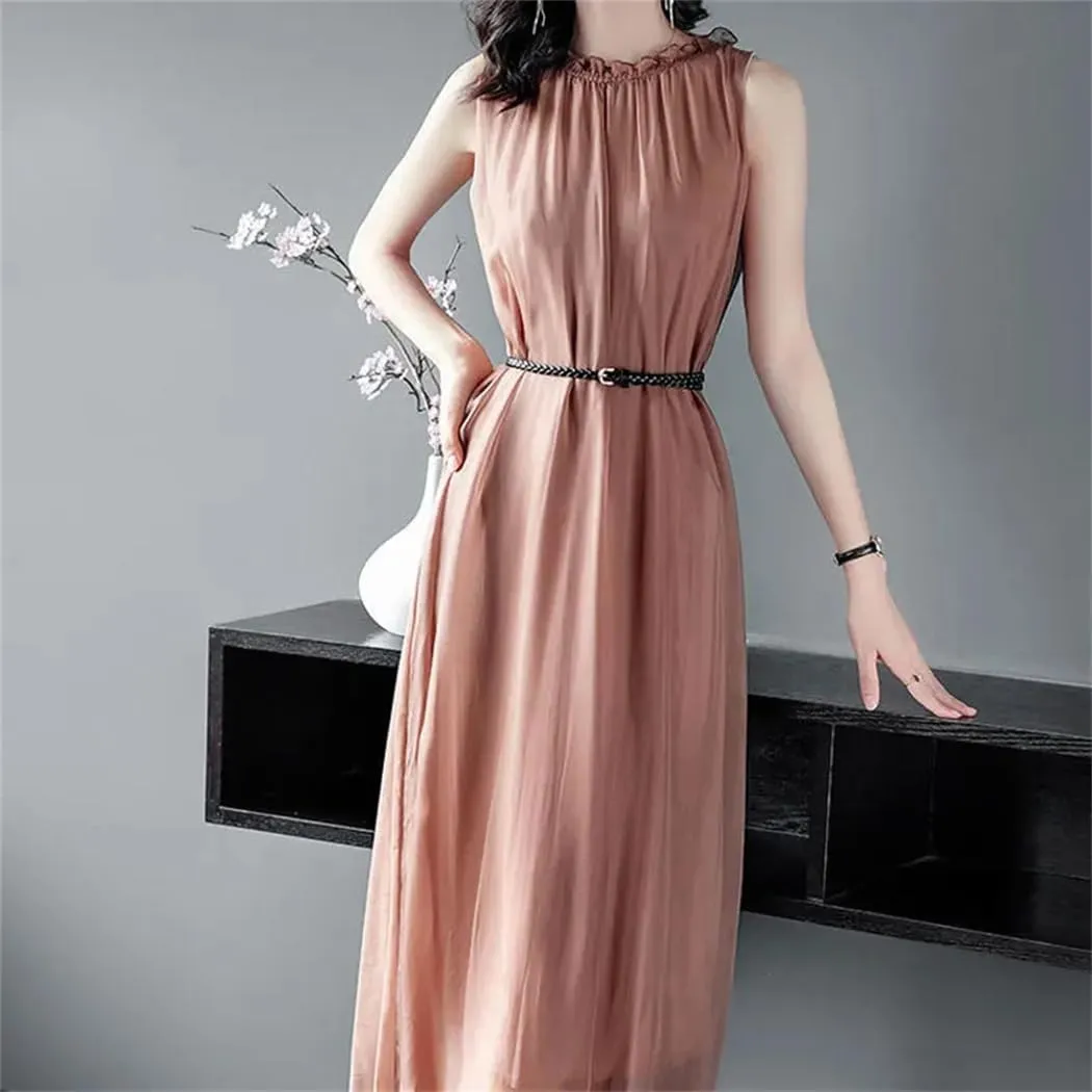Office Lady Solid Color Chiffon Sundress Fashion Shirring Ruffles Patchwork Summer Sleeveless Sashes Midi Dress