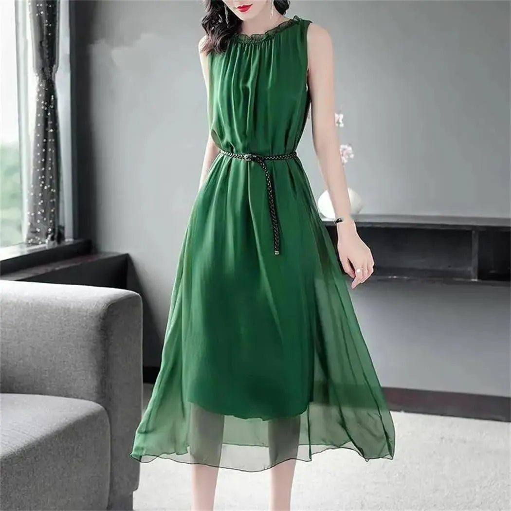 Office Lady Solid Color Chiffon Sundress Fashion Shirring Ruffles Patchwork Summer Sleeveless Sashes Midi Dress