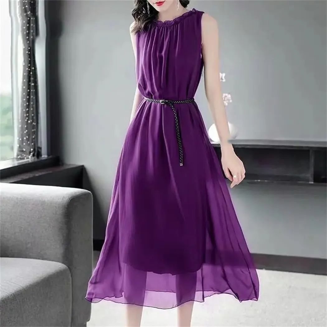 Office Lady Solid Color Chiffon Sundress Fashion Shirring Ruffles Patchwork Summer Sleeveless Sashes Midi Dress
