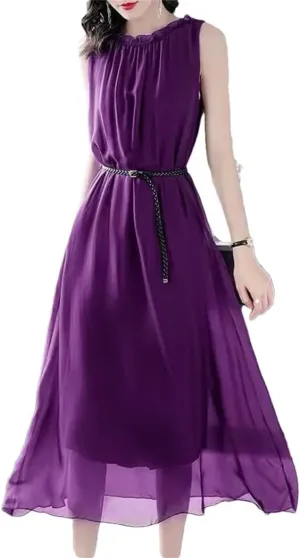 Office Lady Solid Color Chiffon Sundress Fashion Shirring Ruffles Patchwork Summer Sleeveless Sashes Midi Dress
