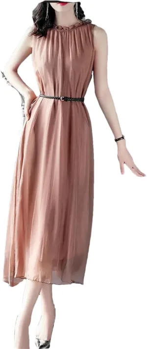 Office Lady Solid Color Chiffon Sundress Fashion Shirring Ruffles Patchwork Summer Sleeveless Sashes Midi Dress