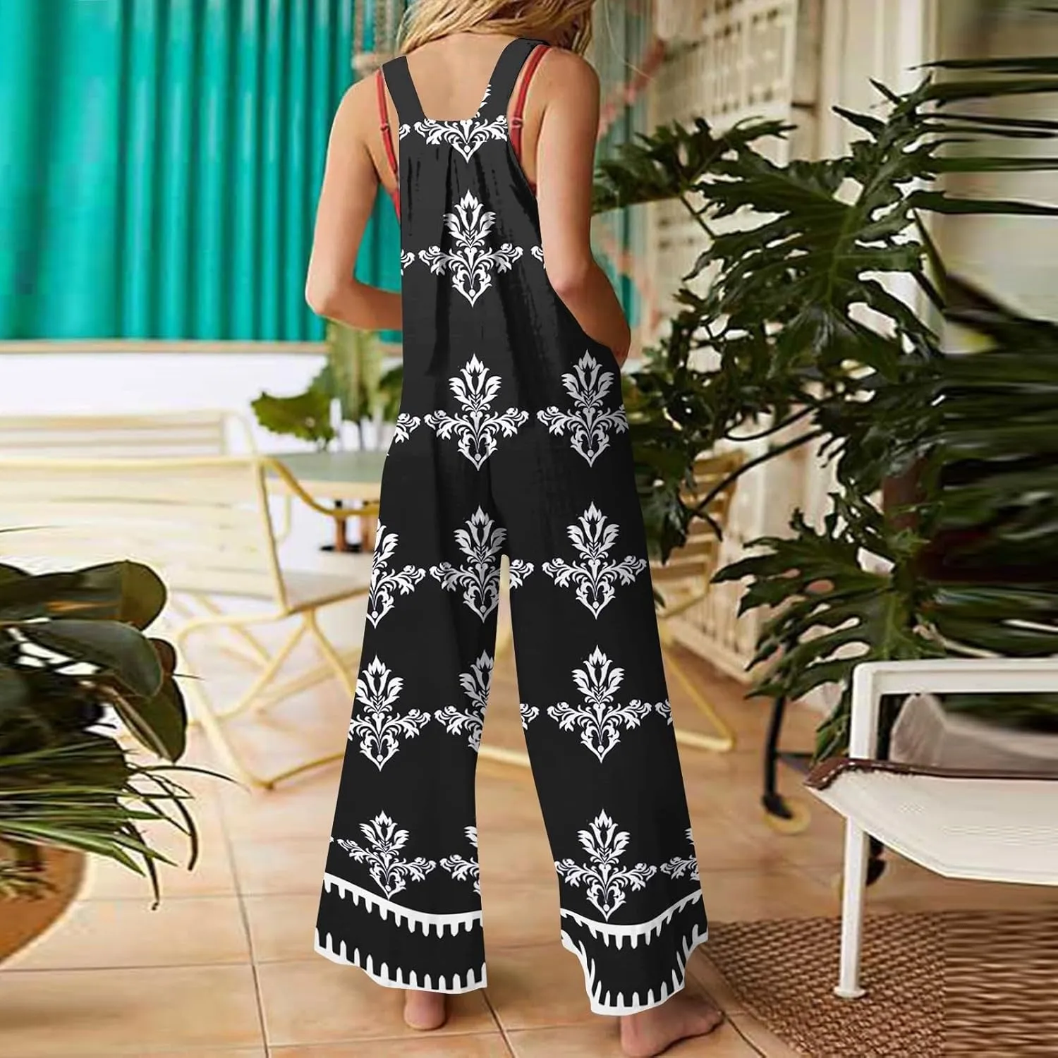 One Piece Jumpsuits For Women Casual Sleeveless Wide Leg Baggy Linen Overalls Loose Floral Summer Rompers With Pockets