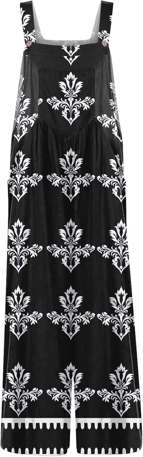 One Piece Jumpsuits For Women Casual Sleeveless Wide Leg Baggy Linen Overalls Loose Floral Summer Rompers With Pockets