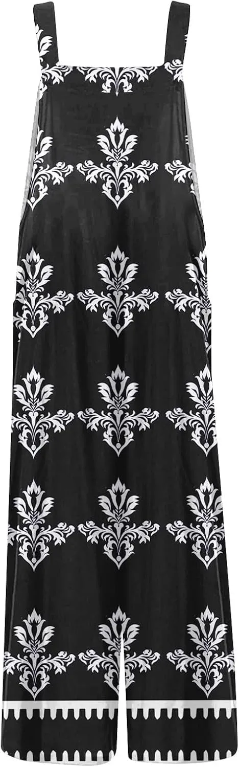 One Piece Jumpsuits For Women Casual Sleeveless Wide Leg Baggy Linen Overalls Loose Floral Summer Rompers With Pockets