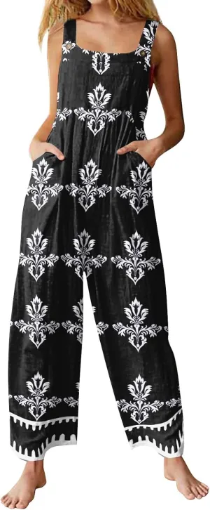 One Piece Jumpsuits For Women Casual Sleeveless Wide Leg Baggy Linen Overalls Loose Floral Summer Rompers With Pockets