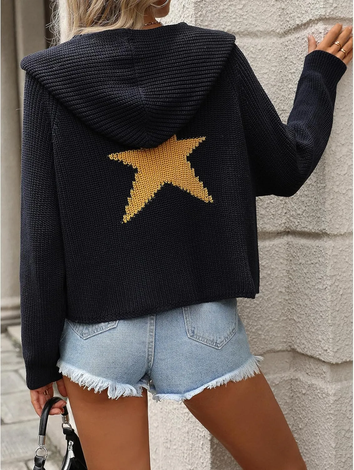 Perbai Women's Fall Sweater Oversized Cropped Hoodie Y2K Star Print Ribbed Knit Sweater Outfits with Pockets