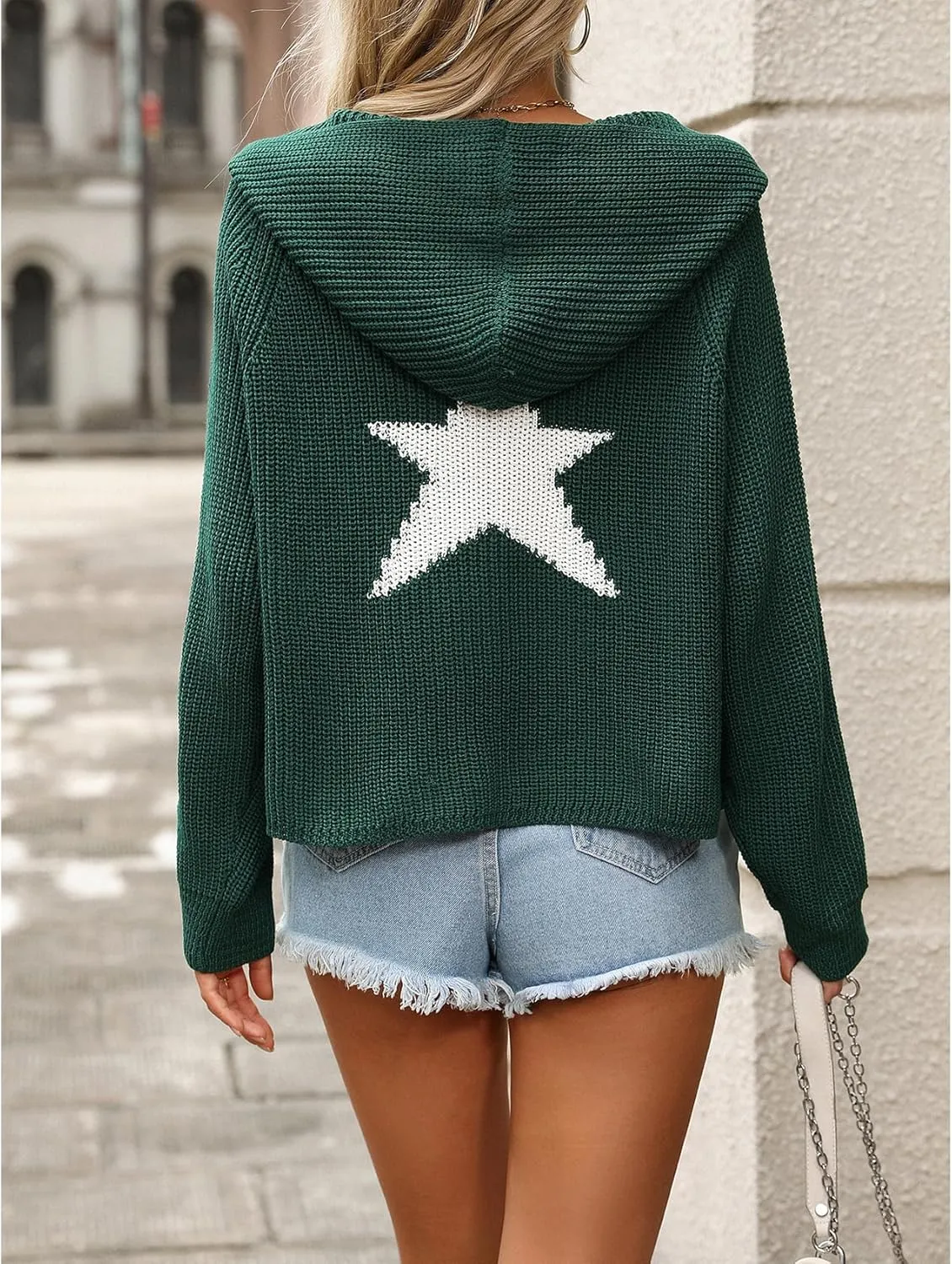 Perbai Women's Fall Sweater Oversized Cropped Hoodie Y2K Star Print Ribbed Knit Sweater Outfits with Pockets