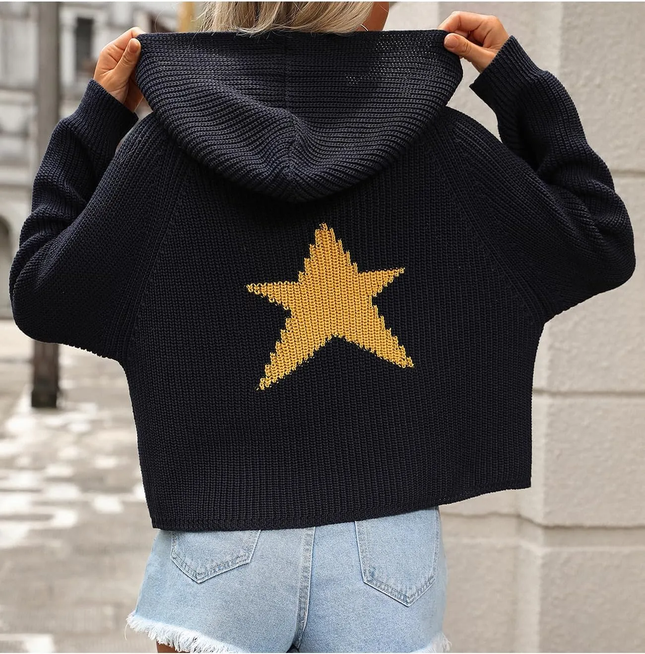 Perbai Women's Fall Sweater Oversized Cropped Hoodie Y2K Star Print Ribbed Knit Sweater Outfits with Pockets