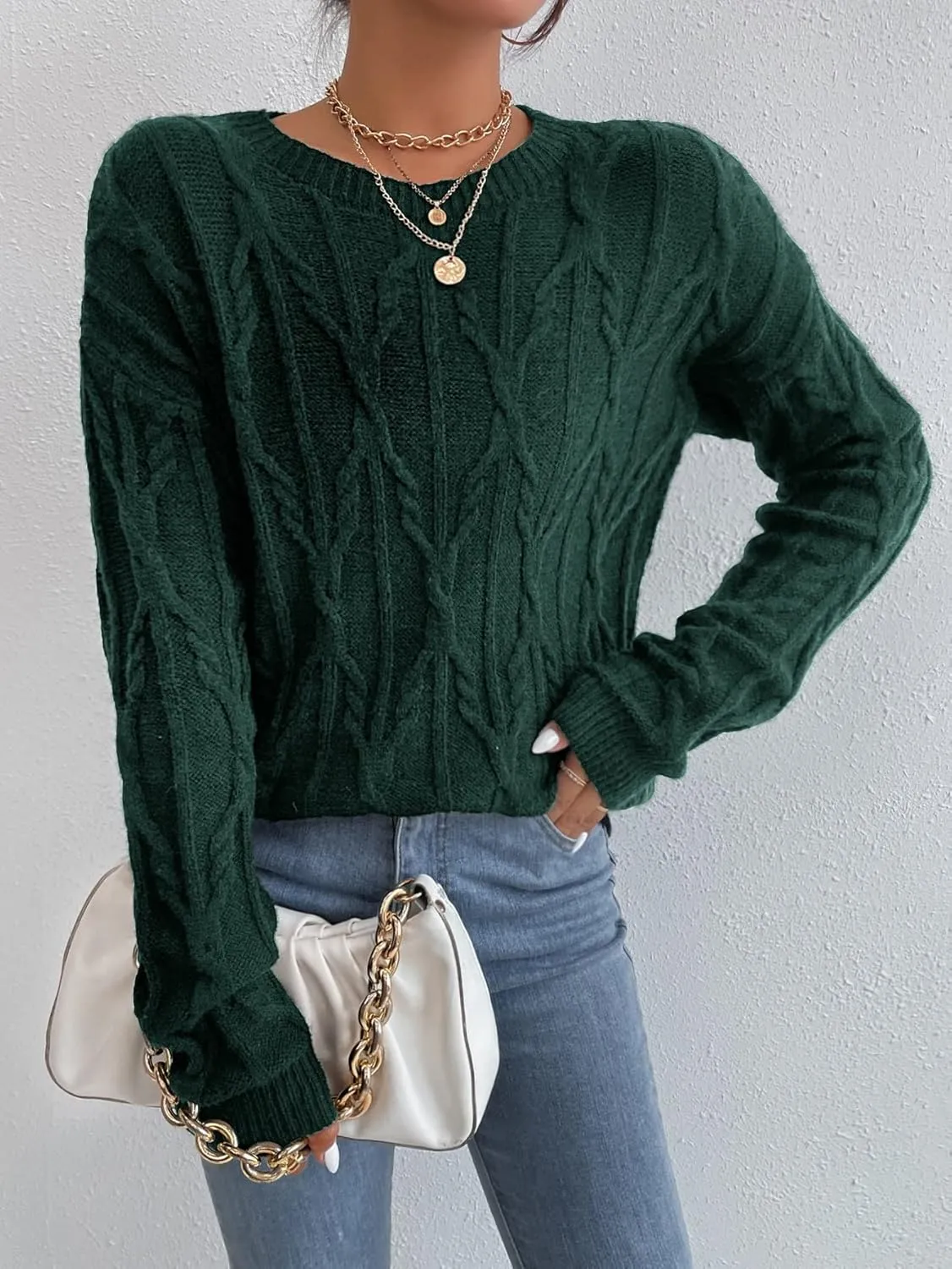 PRENI Women's Sweater Cable Knit Drop Shoulder Sweater Sweater for Women (Color : Dark Green, Size : Large)