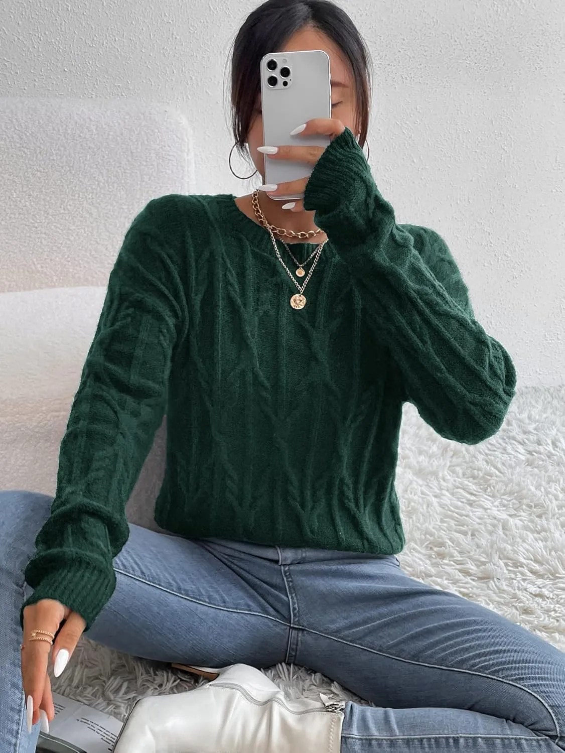 PRENI Women's Sweater Cable Knit Drop Shoulder Sweater Sweater for Women (Color : Dark Green, Size : Large)