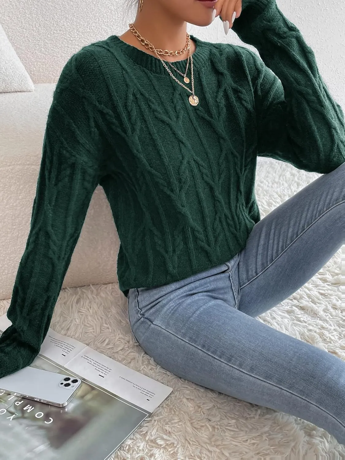 PRENI Women's Sweater Cable Knit Drop Shoulder Sweater Sweater for Women (Color : Dark Green, Size : Large)