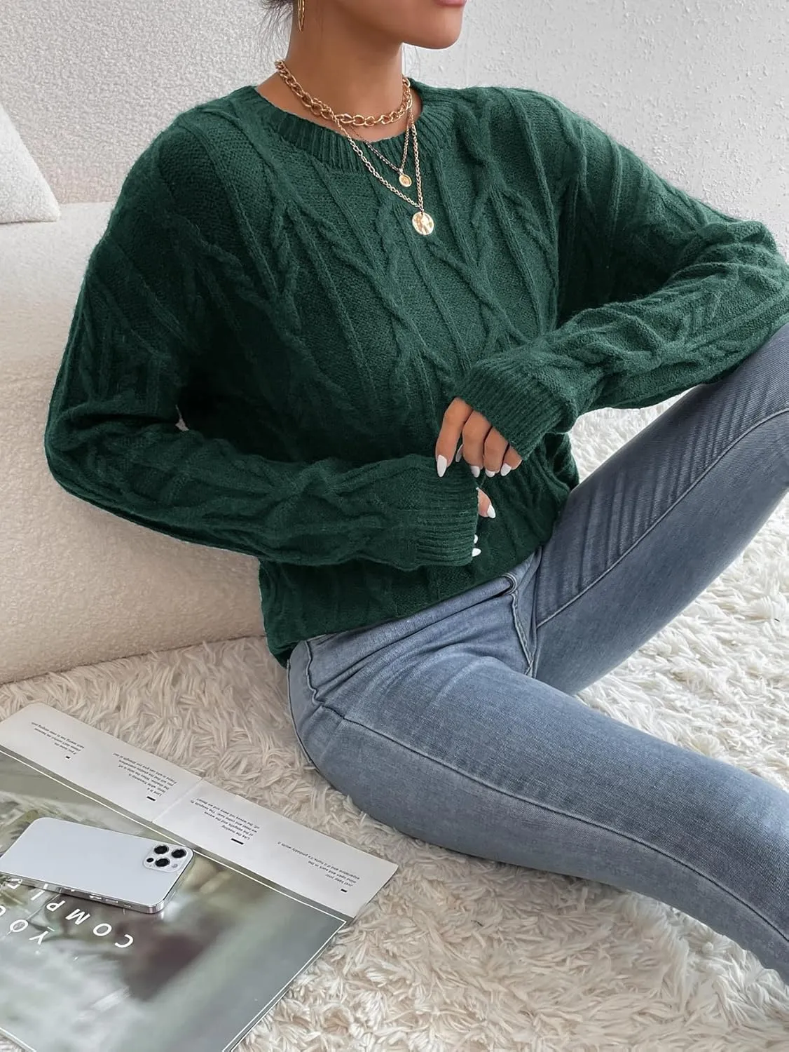 PRENI Women's Sweater Cable Knit Drop Shoulder Sweater Sweater for Women (Color : Dark Green, Size : Large)