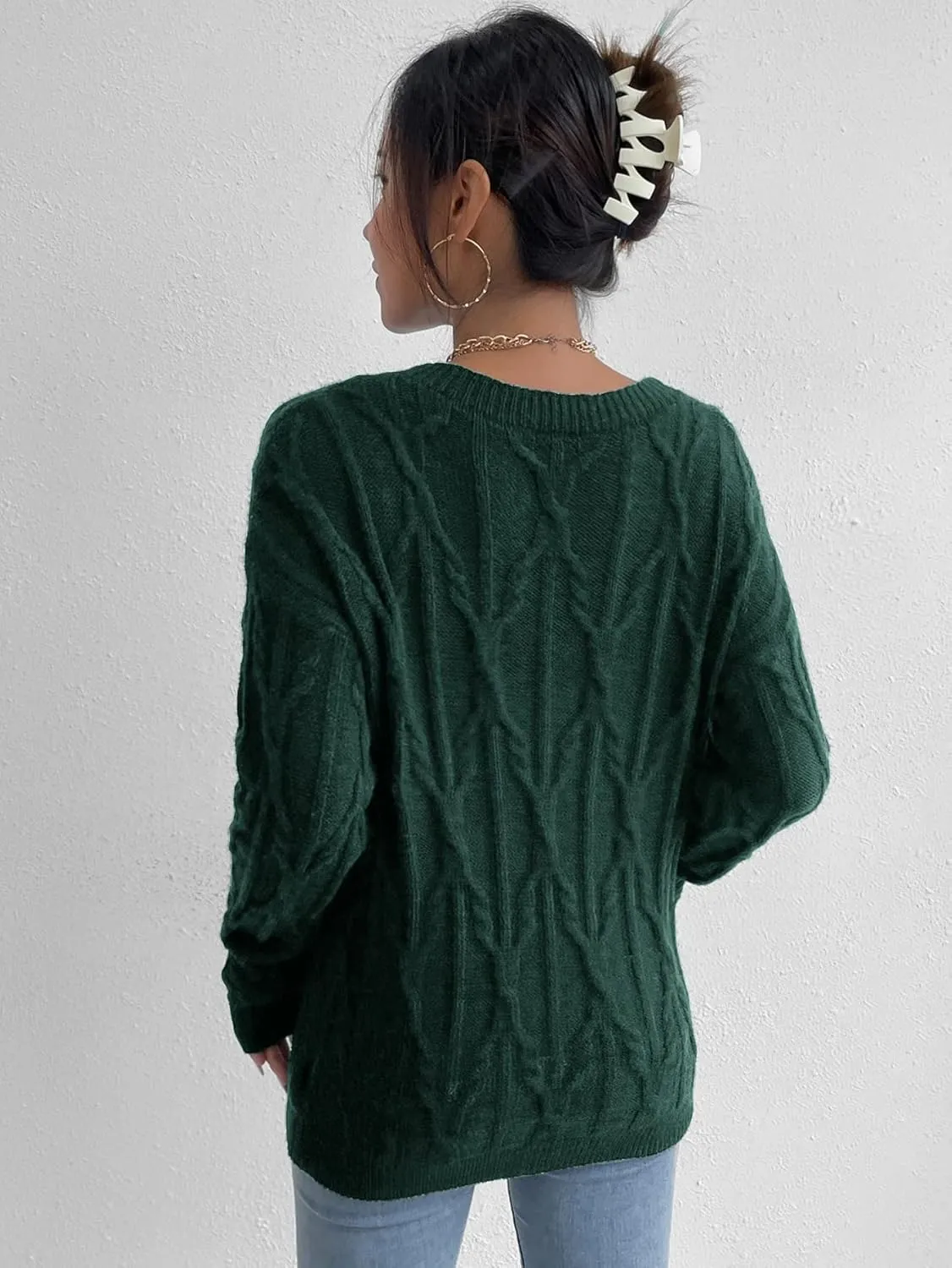 PRENI Women's Sweater Cable Knit Drop Shoulder Sweater Sweater for Women (Color : Dark Green, Size : Large)