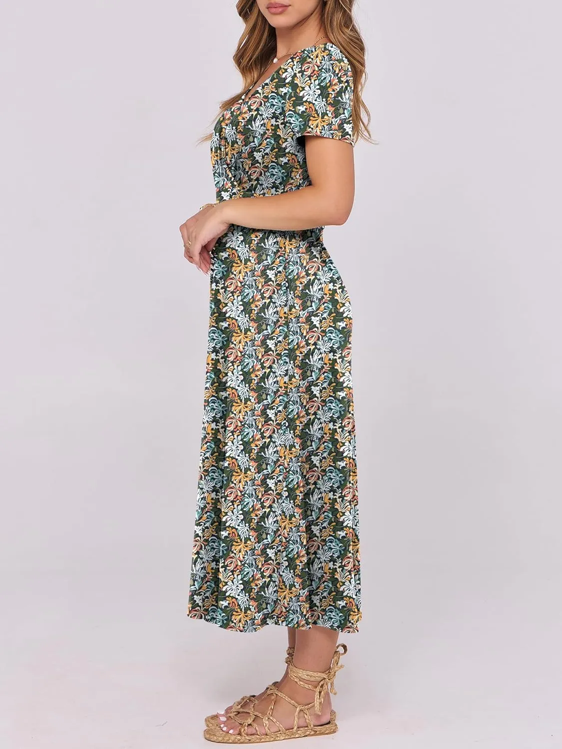 Prinbara Womens Summer Casual Wrap Short Sleeve Floral Maxi Dress 2025 Spring Elegant V Neck Flowy Boho Beach Long Dresses