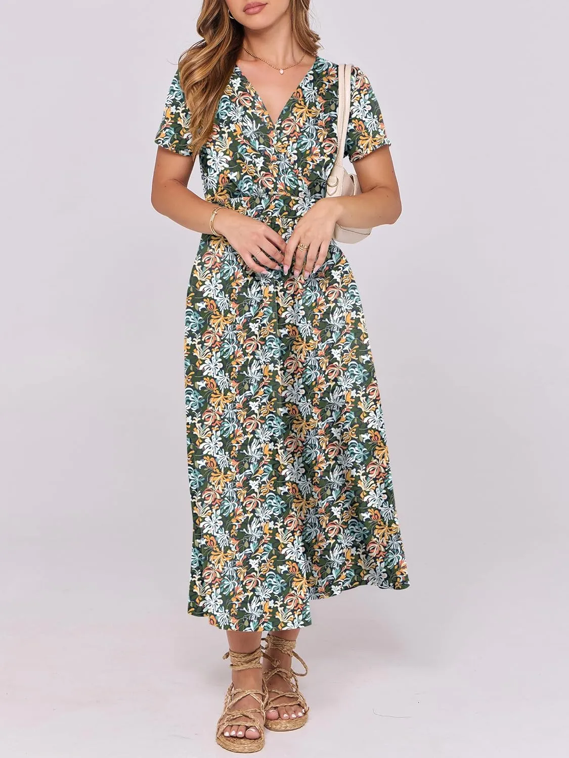 Prinbara Womens Summer Casual Wrap Short Sleeve Floral Maxi Dress 2025 Spring Elegant V Neck Flowy Boho Beach Long Dresses