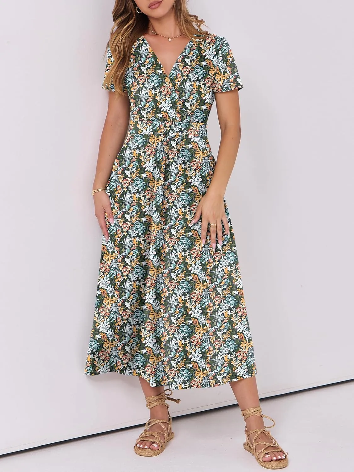 Prinbara Womens Summer Casual Wrap Short Sleeve Floral Maxi Dress 2025 Spring Elegant V Neck Flowy Boho Beach Long Dresses
