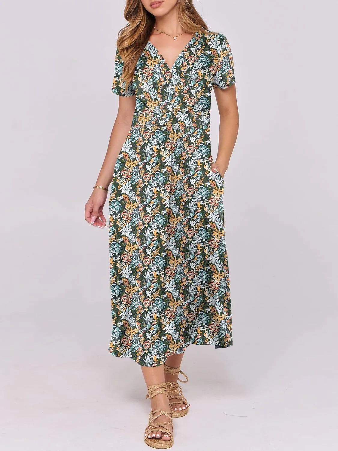 Prinbara Womens Summer Casual Wrap Short Sleeve Floral Maxi Dress 2025 Spring Elegant V Neck Flowy Boho Beach Long Dresses