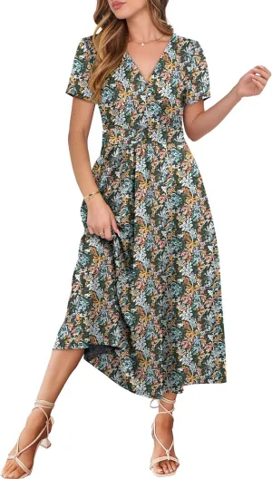 Prinbara Womens Summer Casual Wrap Short Sleeve Floral Maxi Dress 2025 Spring Elegant V Neck Flowy Boho Beach Long Dresses