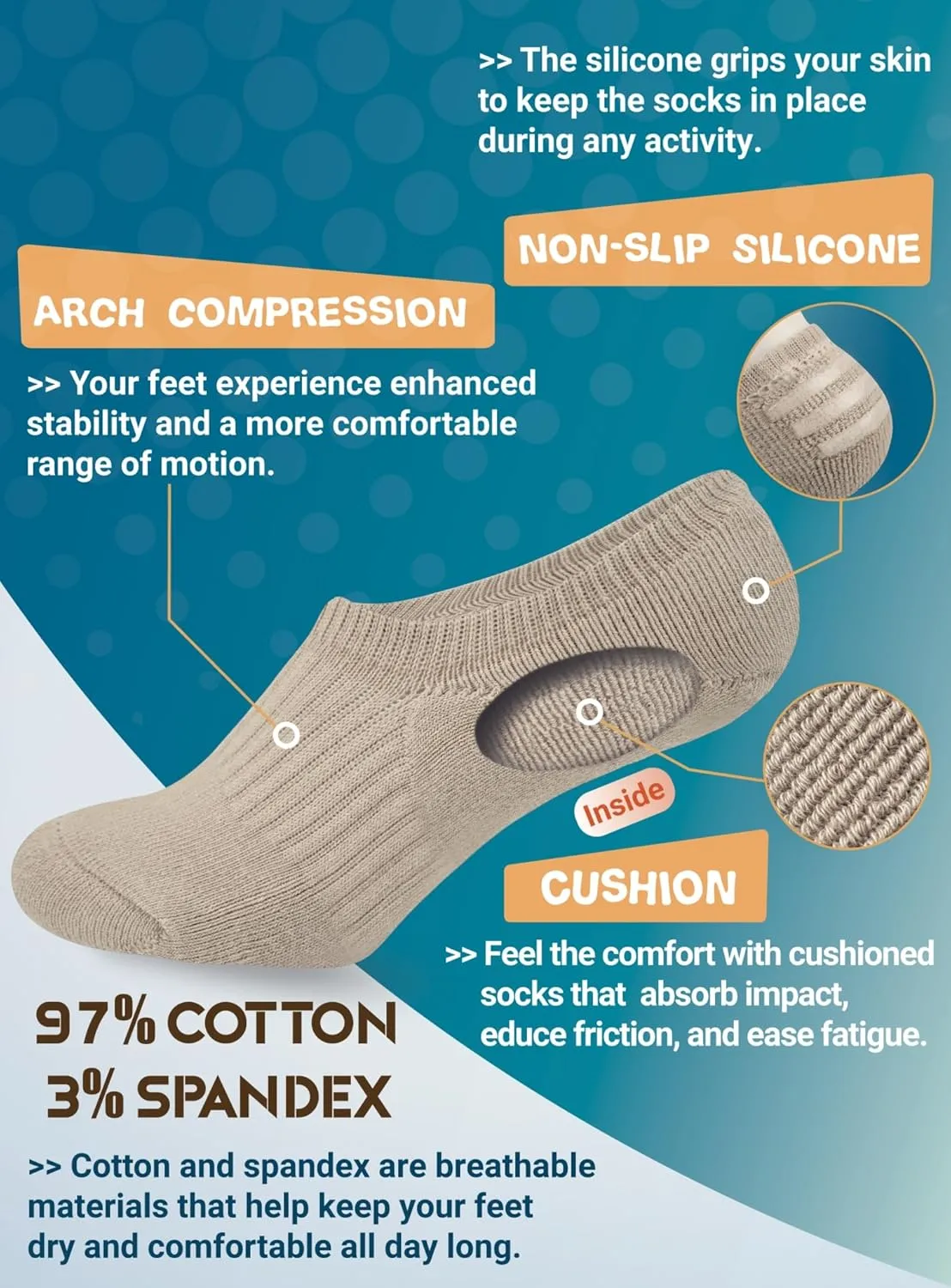 RATIVE Cushion No Show Socks Invisible Cotton Low Cut Socks for Men Women