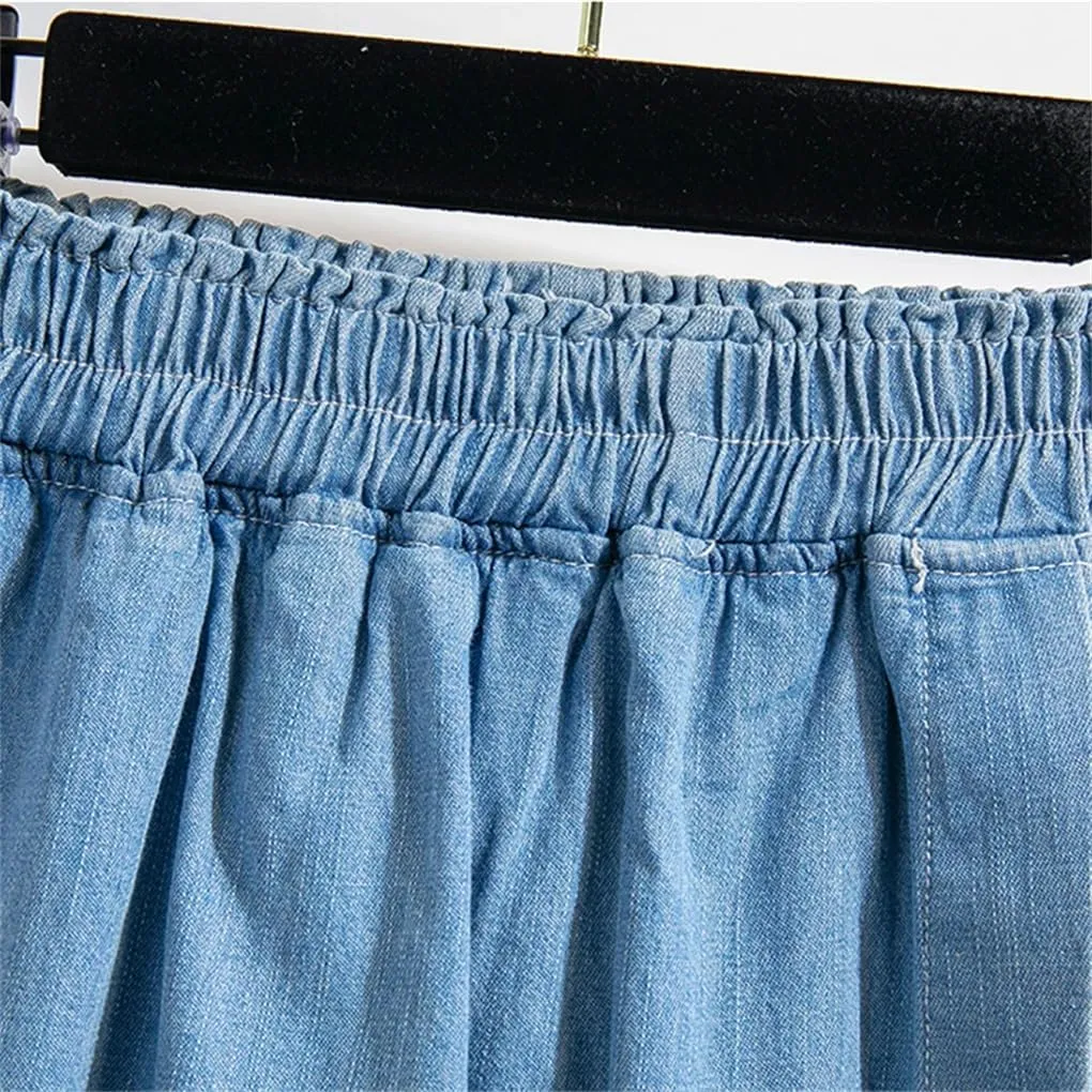 REHJJDFD Women Denim Skirt for Women High Elastic Waist Mini Jean Skort Skirt Pleated Casual Blue Jeans Skirts