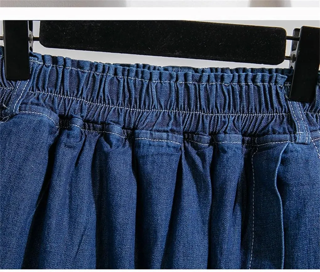 REHJJDFD Women Denim Skirt for Women High Elastic Waist Mini Jean Skort Skirt Pleated Casual Blue Jeans Skirts