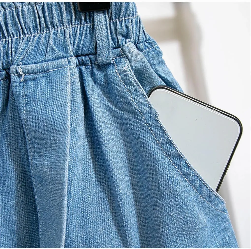 REHJJDFD Women Denim Skirt for Women High Elastic Waist Mini Jean Skort Skirt Pleated Casual Blue Jeans Skirts