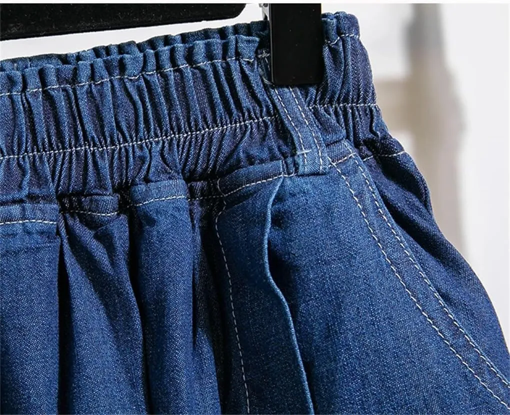 REHJJDFD Women Denim Skirt for Women High Elastic Waist Mini Jean Skort Skirt Pleated Casual Blue Jeans Skirts