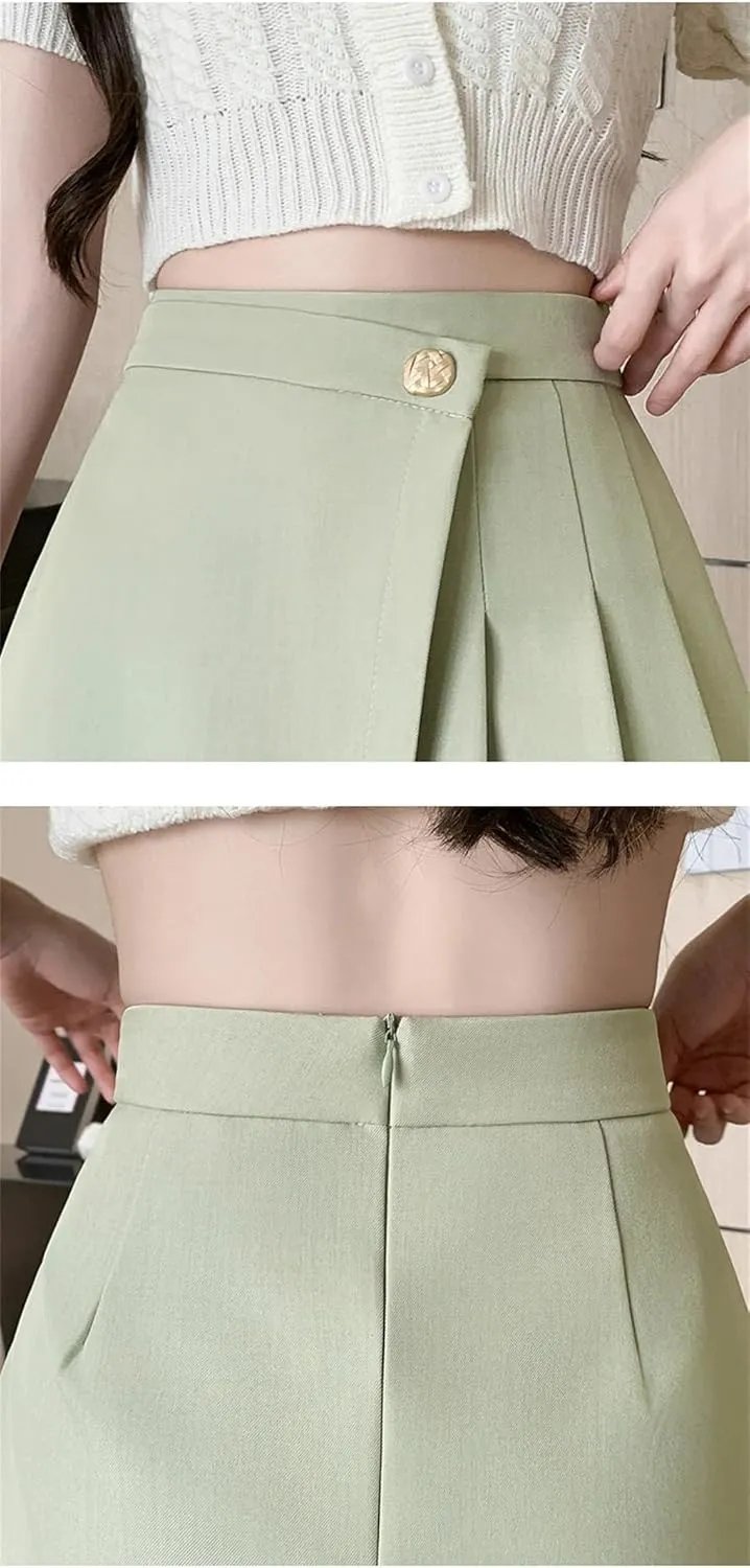 REHJJDFD Women High Waist A-Line Mini Pleated Skirts Women Buttons Irregular Short Skirts Woman Casual Skirt