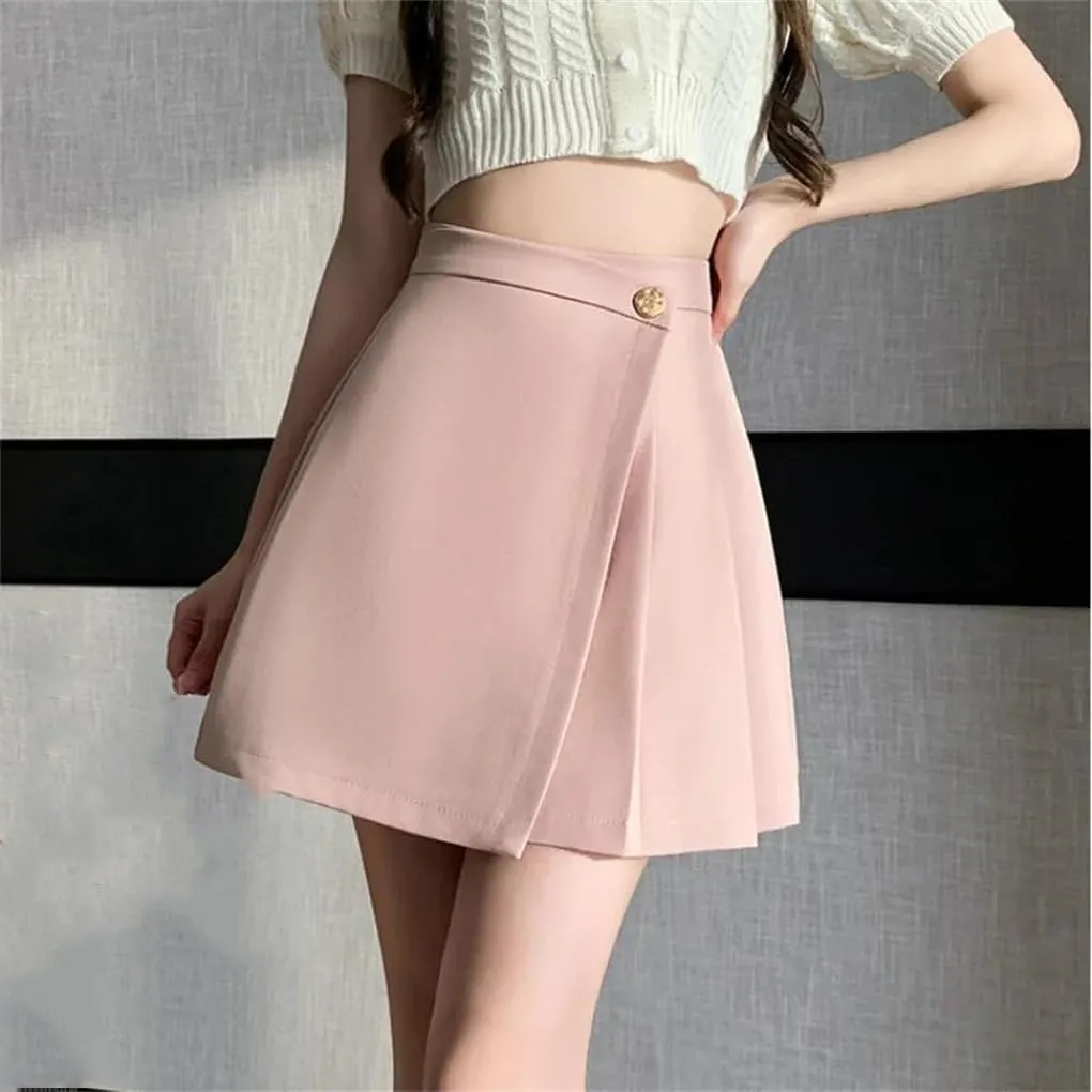 REHJJDFD Women High Waist A-Line Mini Pleated Skirts Women Buttons Irregular Short Skirts Woman Casual Skirt