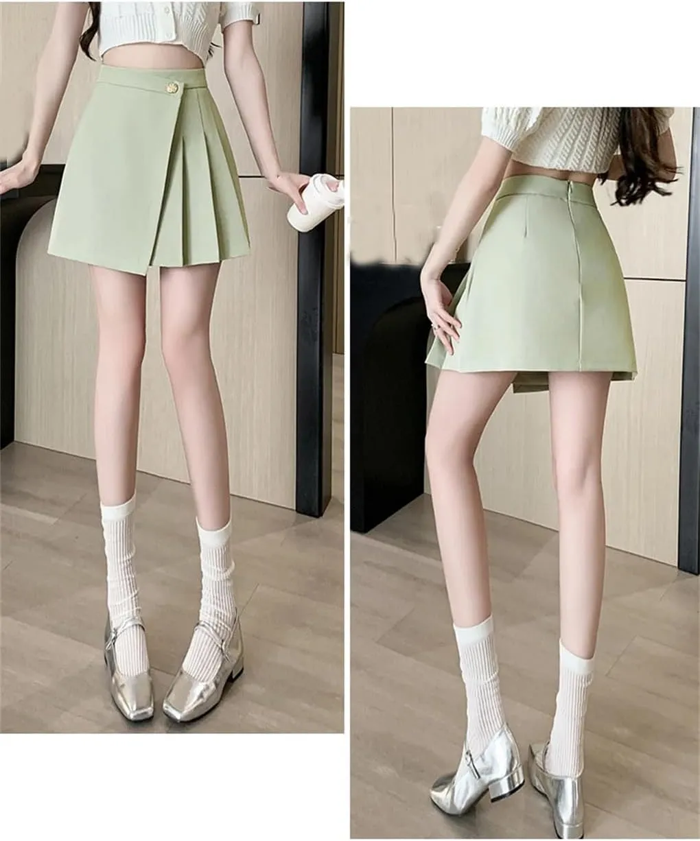 REHJJDFD Women High Waist A-Line Mini Pleated Skirts Women Buttons Irregular Short Skirts Woman Casual Skirt