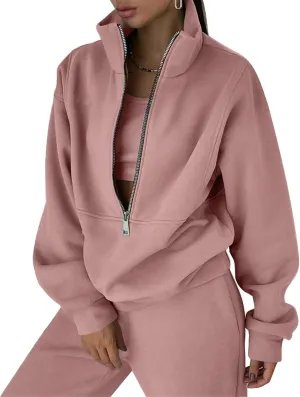 ROJZR Fleece Sweat Women Set 2 Piece Half Zip Sweatshirt Casual Jogger Sweatpants Sets 2 Piece Sweat Sets