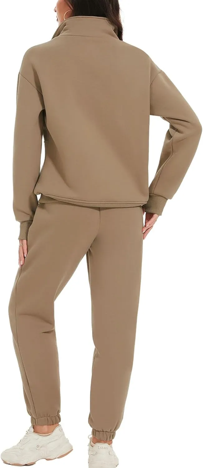 ROJZR Fleece Sweat Women Set 2 Piece Half Zip Sweatshirt Casual Jogger Sweatpants Sets 2 Piece Sweat Sets