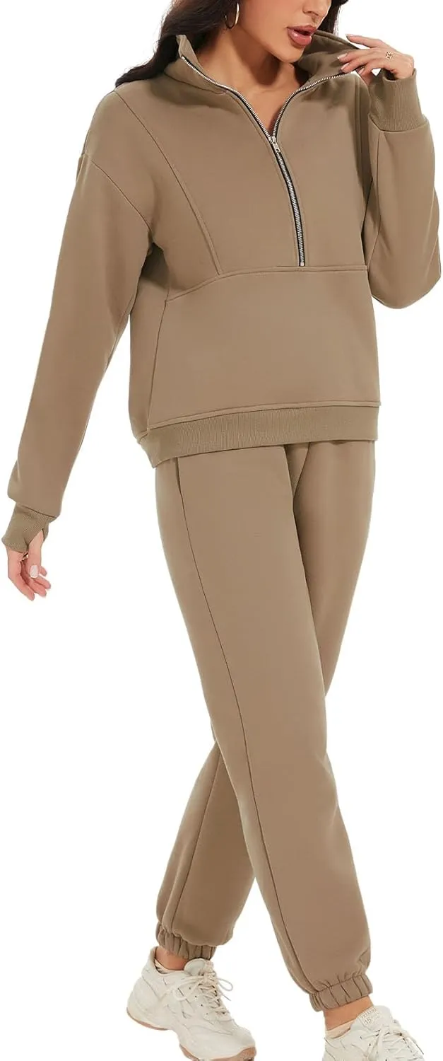 ROJZR Fleece Sweat Women Set 2 Piece Half Zip Sweatshirt Casual Jogger Sweatpants Sets 2 Piece Sweat Sets
