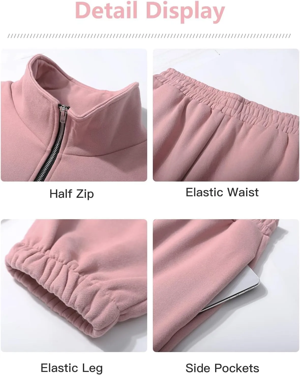ROJZR Fleece Sweat Women Set 2 Piece Half Zip Sweatshirt Casual Jogger Sweatpants Sets 2 Piece Sweat Sets