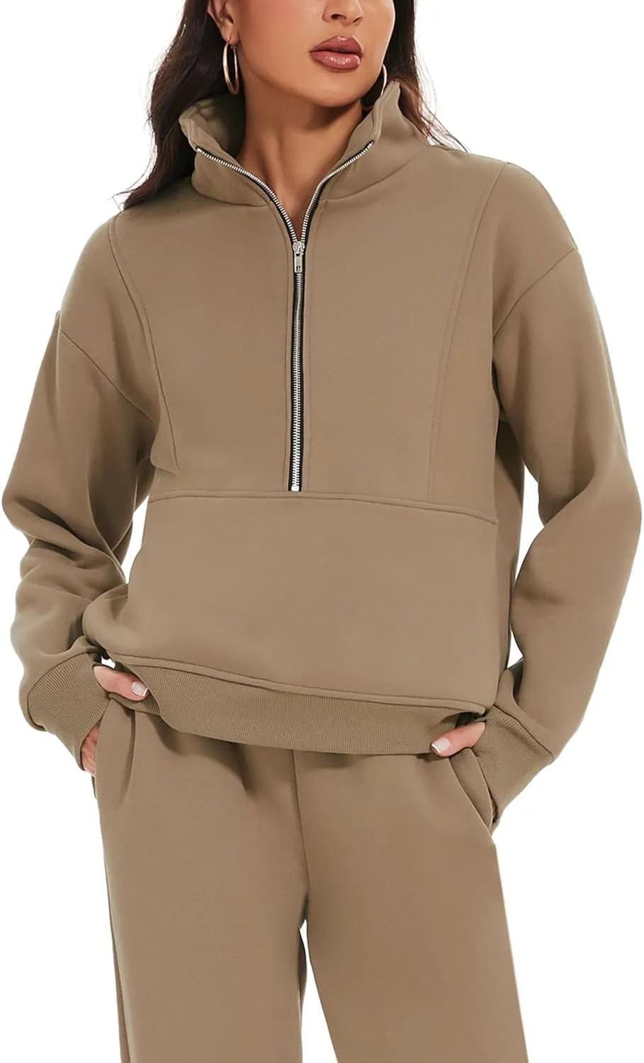 ROJZR Fleece Sweat Women Set 2 Piece Half Zip Sweatshirt Casual Jogger Sweatpants Sets 2 Piece Sweat Sets
