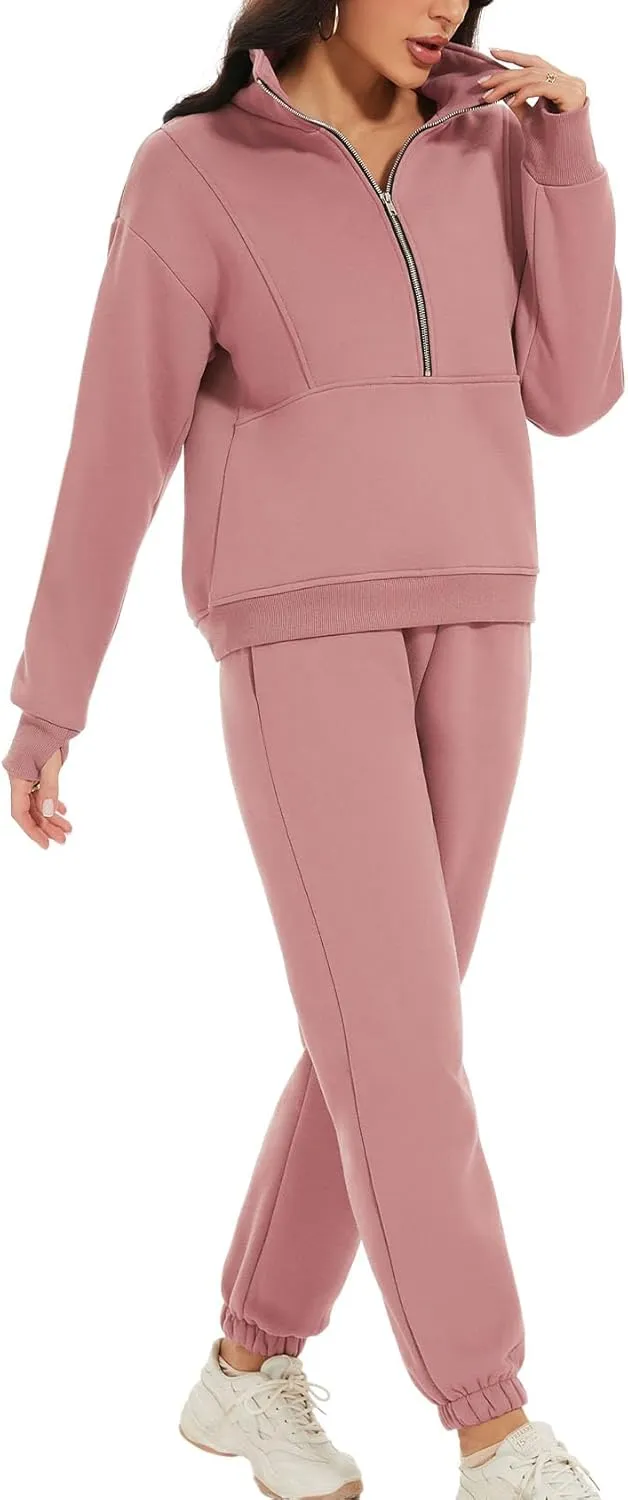 ROJZR Fleece Sweat Women Set 2 Piece Half Zip Sweatshirt Casual Jogger Sweatpants Sets 2 Piece Sweat Sets