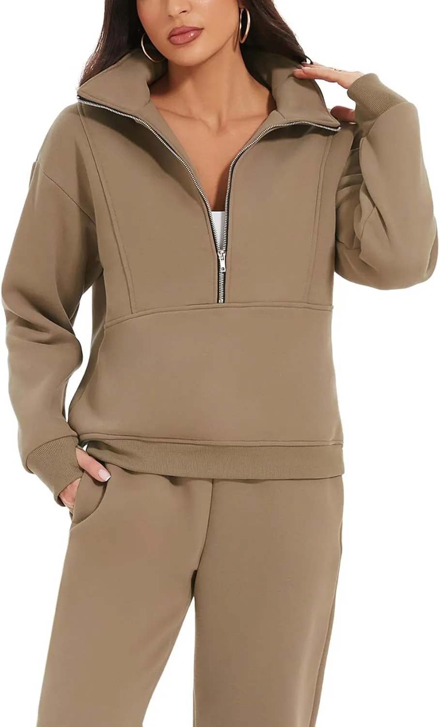 ROJZR Fleece Sweat Women Set 2 Piece Half Zip Sweatshirt Casual Jogger Sweatpants Sets 2 Piece Sweat Sets