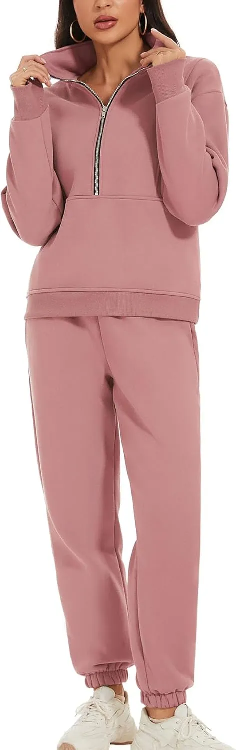 ROJZR Fleece Sweat Women Set 2 Piece Half Zip Sweatshirt Casual Jogger Sweatpants Sets 2 Piece Sweat Sets