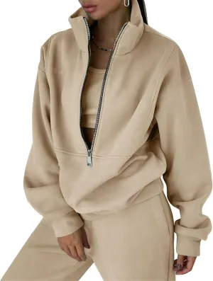ROJZR Fleece Sweat Women Set 2 Piece Half Zip Sweatshirt Casual Jogger Sweatpants Sets 2 Piece Sweat Sets