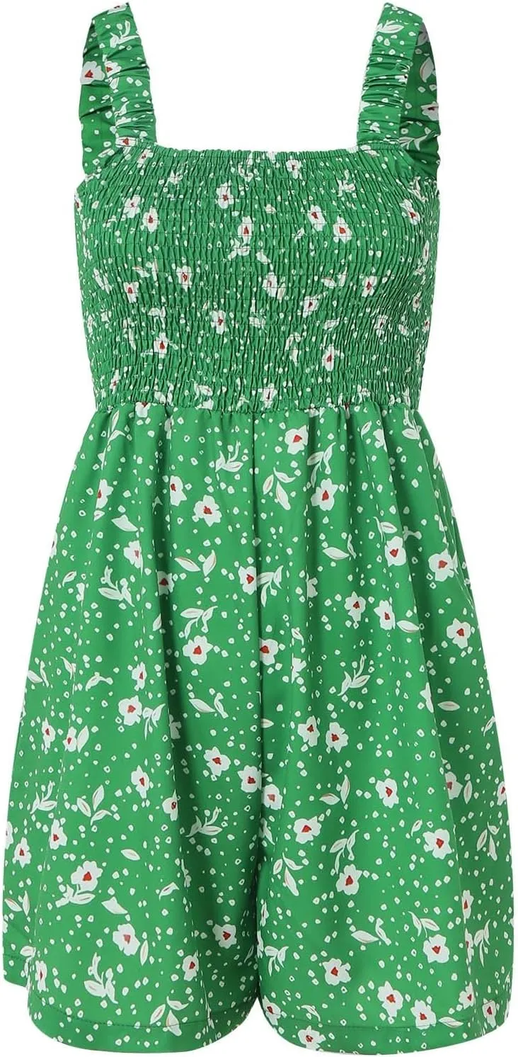 Rompers for Women 2025 Summer Casual Smocked Sleeveless Printed Dressy Romper Shorts Jumpsuit Beach Vacation Outfits