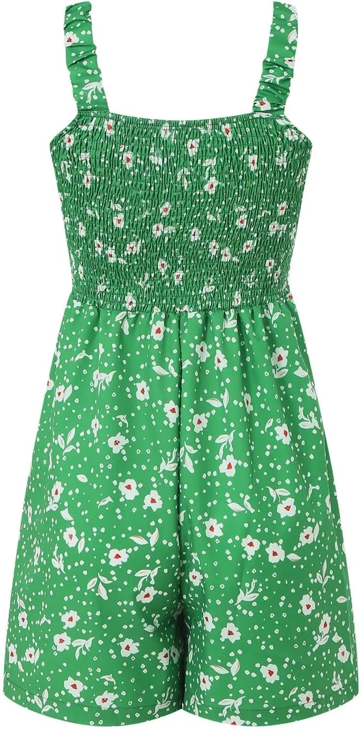 Rompers for Women 2025 Summer Casual Smocked Sleeveless Printed Dressy Romper Shorts Jumpsuit Beach Vacation Outfits