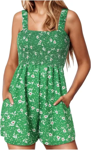 Rompers for Women 2025 Summer Casual Smocked Sleeveless Printed Dressy Romper Shorts Jumpsuit Beach Vacation Outfits